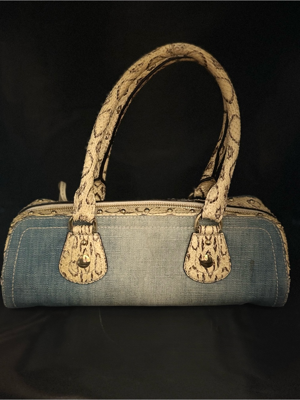 Vintage Dolce & Gabbana Blue Denim Satchel with Cream Snakeskin Trim - Picture 3 of 8